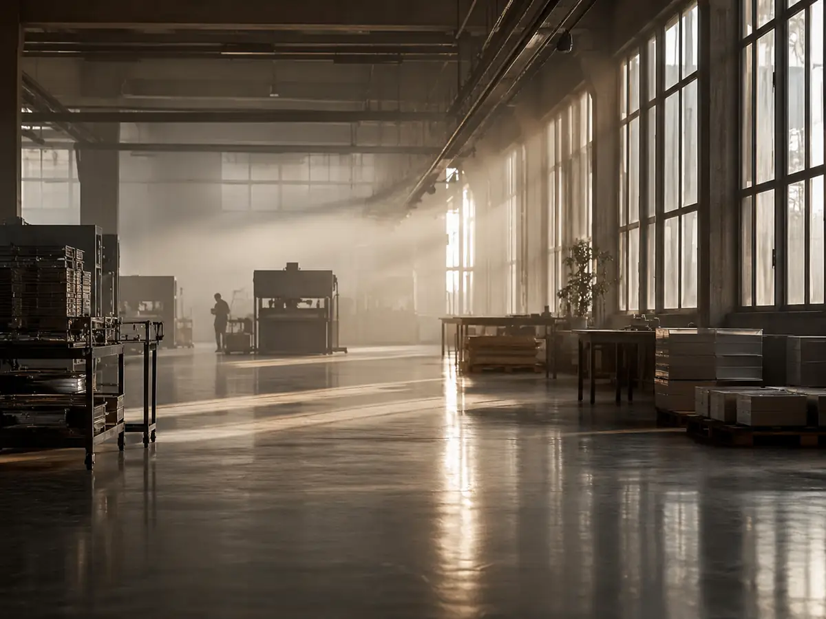 Production hall with light beams coming through the windows