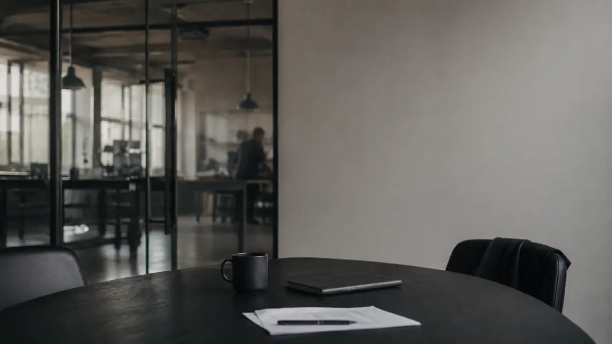 Empty meeting table with notes and coffee in an office
